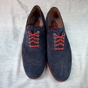 Johnston & Murphy Navy Blue Suede Wingtip Oxford Brogues with Red Laces